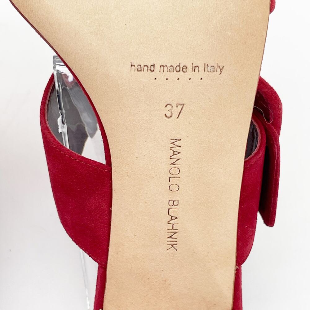Manolo Blahnik Titubanew Red Suede Open Toe Buckle Mule Sandals Heels IT 37 - Picture 12 of 12